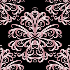 Abstract pink vintage floral seamless pattern. Vector flourish background. Beautiful hand drawn flowers, leaves with patterned ornamental texture. Elegance design. Decor for textile, prints, wallpaper
