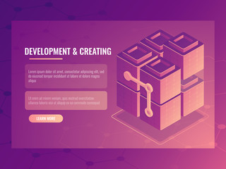 The concept of development and creating, blocks constructor, digital technology server room, data center data base, cloud storage icon isometric vector