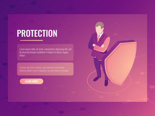 Concept of finance safety and risk protection, businessman with shield, data protection isometric vector banner