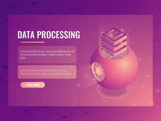 Big data processing concept, abstract futuristic cloud storage, server room, database, energy reactor isometric vector banner