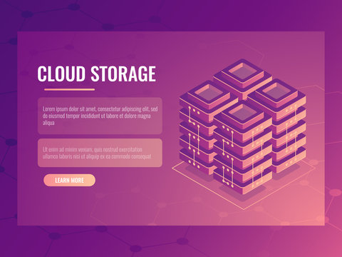 Server room, isometric vector digital technology abstract element, data center and database banner, cloud file storage