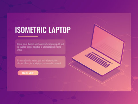 Open laptop isometric vector, banner of computer digital technology, abstract background