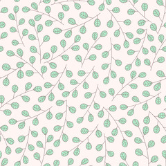 Hand drawn vector floral seamless pattern with branches and leaves on the beige background. Cute spring decoration with plants.