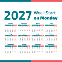 Simple 2027 year calendar