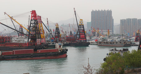 Hong Kong harbor with cargo ship