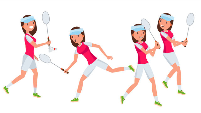 Badminton Female Player Vector. Playing In Different Poses. Woman. Athlete Isolated On White Cartoon Character Illustration
