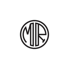 Initial letter MR, minimalist line art monogram circle shape logo, black color