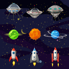 Space cartoon icons set. Planets, rockets, ufo elements on cosmic background, vector, isolated, cartoon style