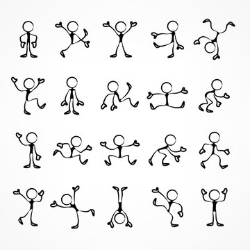 Collection of stick linear moving figures with different poses.