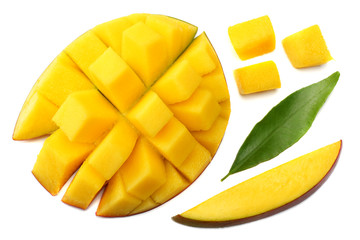 mango slice with green leaves isolated on white background. top view