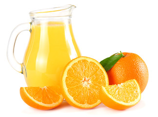 orange juice with orange and green leaf isolated on white background. juice in jug