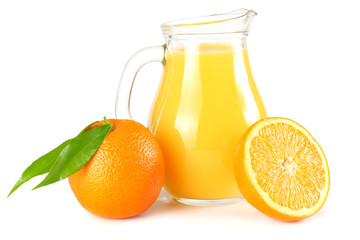 orange juice with orange and green leaf isolated on white background. juice in jug