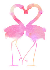 Silhouette watercolor of romantic pink flamingo birds join heads to create a heart. Love and Valentine Day card.  Greeting card with love birds. Digital art painting