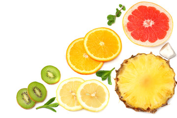 Naklejka na ściany i meble healthy background. slices of grapefruit, kiwi fruit, orange and pineapple isolated on white background top view