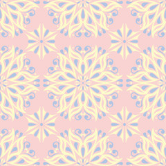 Floral seamless pattern. Pale pink background with light blue and yellow flower elements