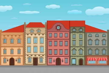 Naklejka premium Houses. Old european city street with colored buildings and blue sky. Flat style