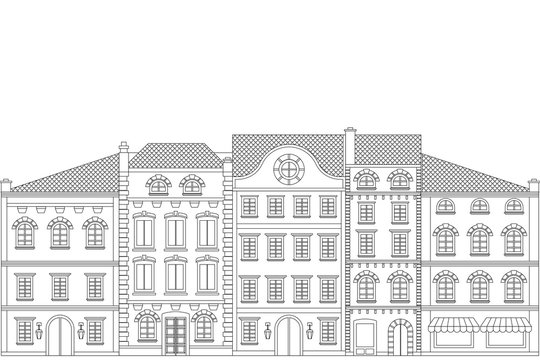 Old european houses. Flat outline drawing