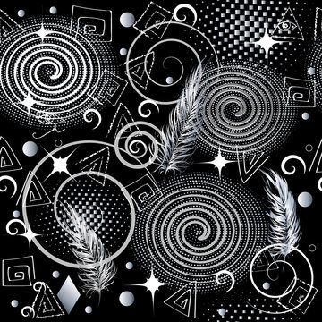 Modern geometric abstract vector seamless pattern. Ornate black and white patterned magic background. Spirals, swirls, halftone, dots, eyes, feathers, stars, doodle chalk greek key, meander, circles