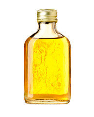 Bottle with yellow liquid on white background