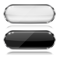 Black and white glass buttons with metal frame. Oval 3d icons