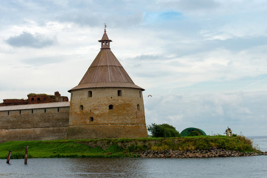 Fortress in the source of the Neva River, Russia, Shlisselburg: Fortress Oreshek. Medieval Russian defensive structure and political prison
