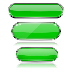 Green glass 3d buttons with chrome frame. Oval icons