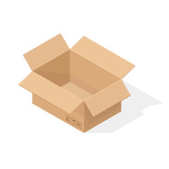 Open brown paper cardboard box. Isometric style