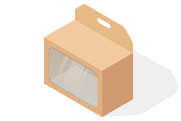 Brown paper cardboard box with transparent window. Isometric style