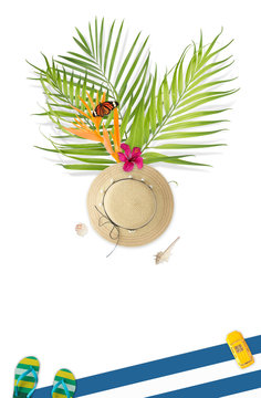 Summer concept with Straw hat, Butterfly on bird of paradise flower, Palm leaves and shell on white background