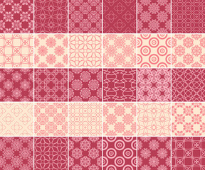 Geometric and floral collection of seamless patterns. Cherry red and beige backgrounds