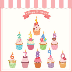 Illustration vector of Birthday cupcakes design decorated with number candles for party.