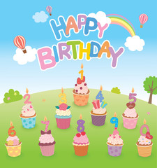 Birthday cupcakes design decorated with number candles on natural background party.