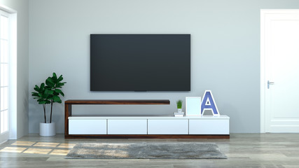 modern Tv wood cabinet in empty room interior background  3d illustration home designs,background shelves and books on the desk in front of  wall empty wall