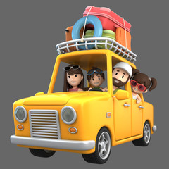 3d render of a family riding in a car for a vacation