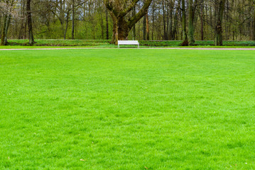 Fototapeta na wymiar Vittskovle, Sweden. White bench beside a lane behind a large green grass area.