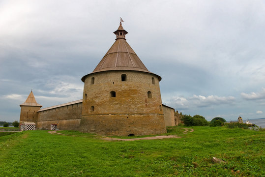 The Golovkina Tower of the Fortress of Oreshek. Fortress in the source of the Neva River, Russia, Shlisselburg:  Medieval Russian defensive structure and political prison. Fortress walls and towers