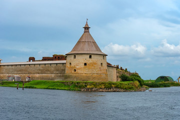 The Golovkina Tower of the Fortress of Oreshek. Fortress in the source of the Neva River, Russia, Shlisselburg:  Medieval Russian defensive structure and political prison.