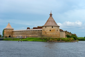 Fototapeta na wymiar The Golovkina Tower of the Fortress of Oreshek. Fortress in the source of the Neva River, Russia, Shlisselburg: Medieval Russian defensive structure and political prison.