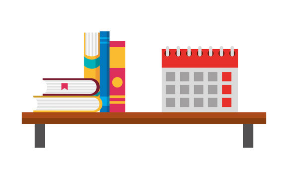 shelf with books and calendar reminder vector illustration design