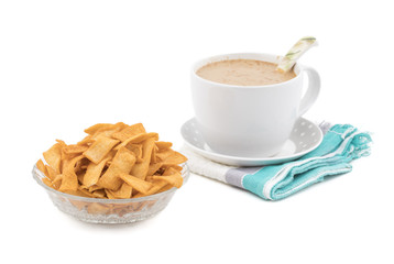 Indian Healthy Deep Fried Soya Chips Tea time Snack isolated on White Background