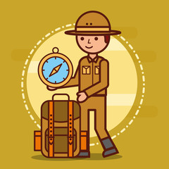 safari boy explorer backpack and compass vector illustration