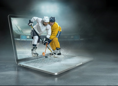 Caucassian ice hockey Players in dynamic action 