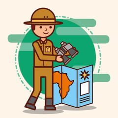 safari boy explorer with african map and binoculars vector illustration