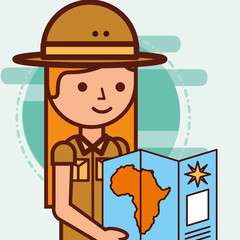 Obraz premium safari girl explorer looking african map travel vector illustration