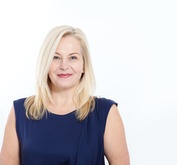 Friendly smiling middle-aged business woman isolated on white background