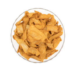 Indian Healthy Deep Fried Soya Chips Tea time Snack isolated on White Background