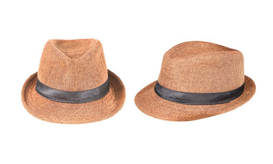 Woven fedora hat isolated on a white background.