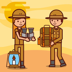 Obraz na płótnie Canvas safari girl and boy explorer holding backpack binoculars and lantern vector illustration