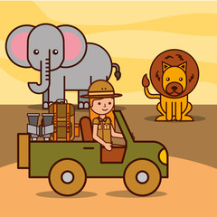 safari girl explorer driving jeep watching lion and elephant african vector illustration