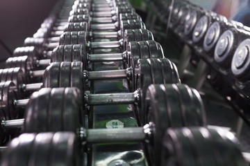 Fototapeta na wymiar Black dumbbell set in sport fitness center. Weight Training Equipment concept.